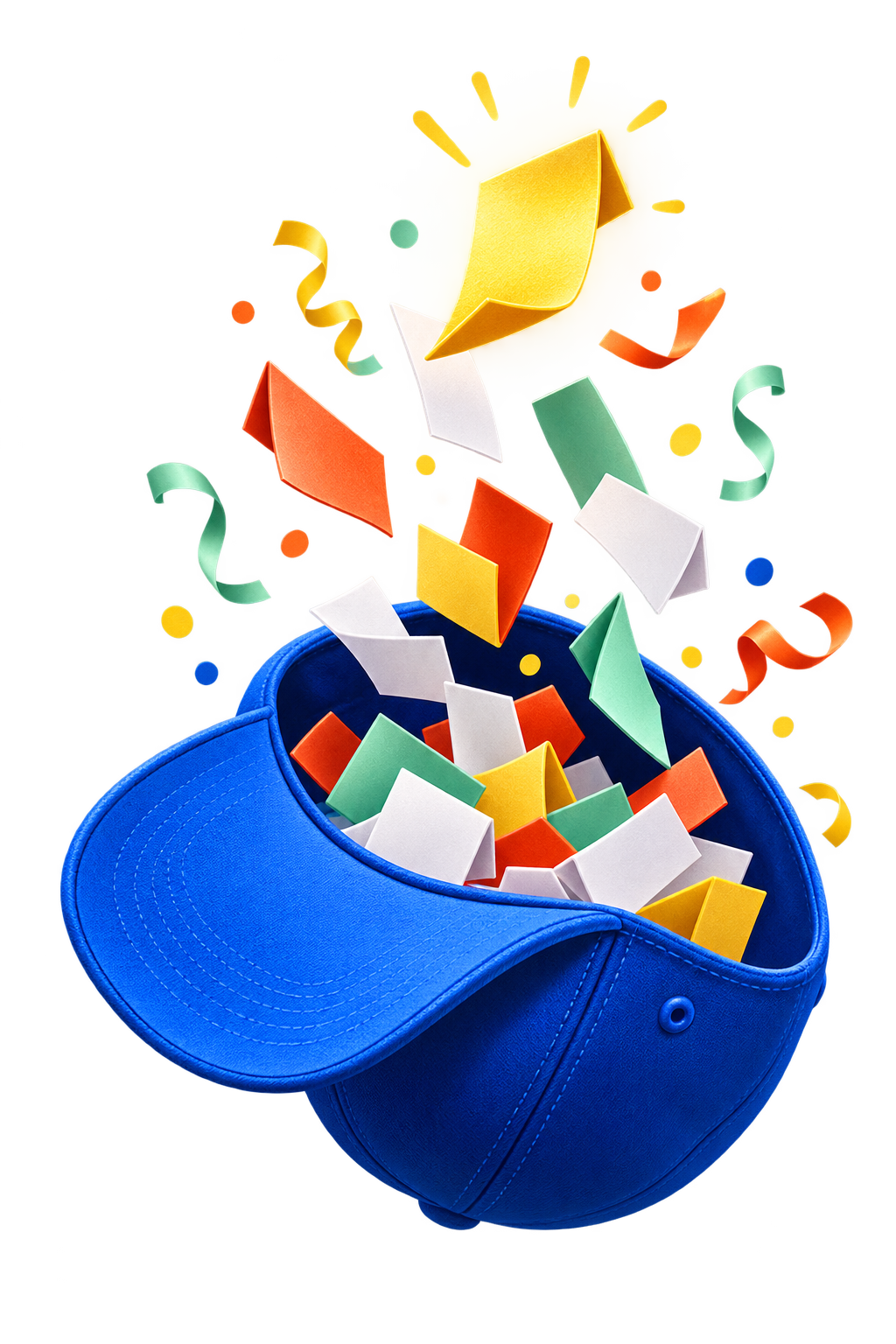 A blue baseball cap filled with colorful name slips